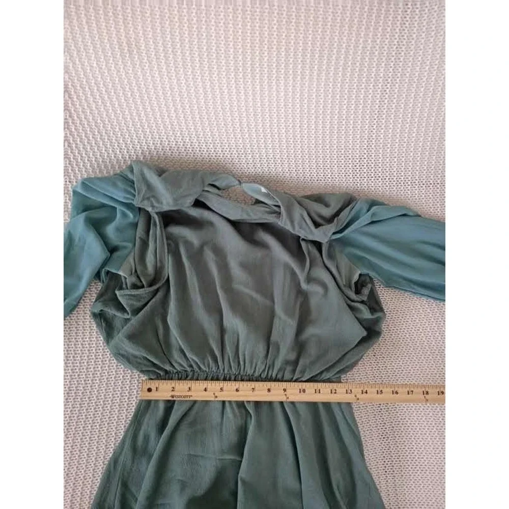 UMGEE‎ Sage Green Linen Mini Dress Blue Contrast Slve Smocked Cuff S Cottagecore